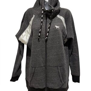 VICTORIA'S SECRET PINK GRAY FUNNEL NECK SILVER ZIP UP HOODIE SWEATSHIRT LARGE
